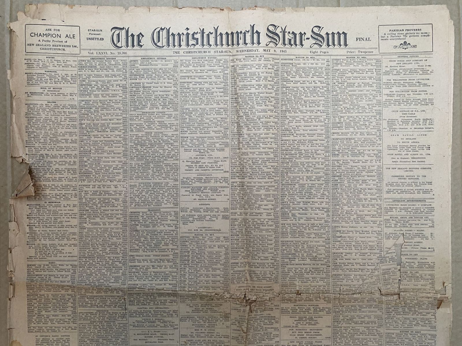OLD NEWSPAPER: The Christchurch Star-Sun, 9 May 1945