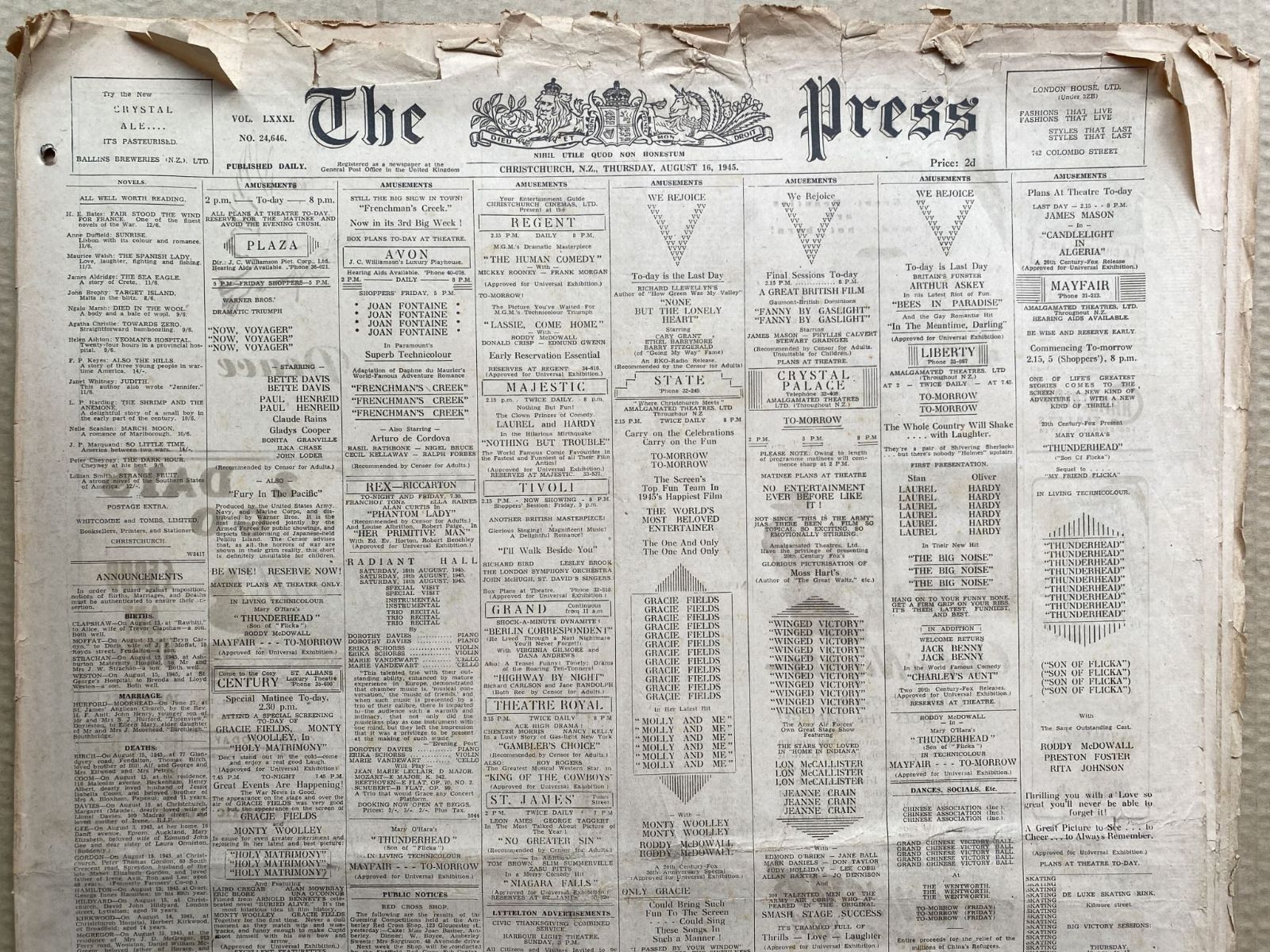 OLD NEWSPAPER: The Christchurch Press, 16 August 1945