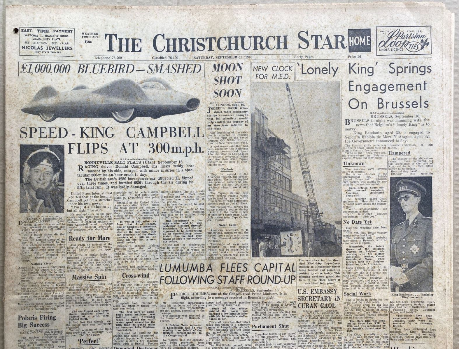 OLD NEWSPAPER: The Christchurch Star, 17 September 1960 - Donald Campbell crash