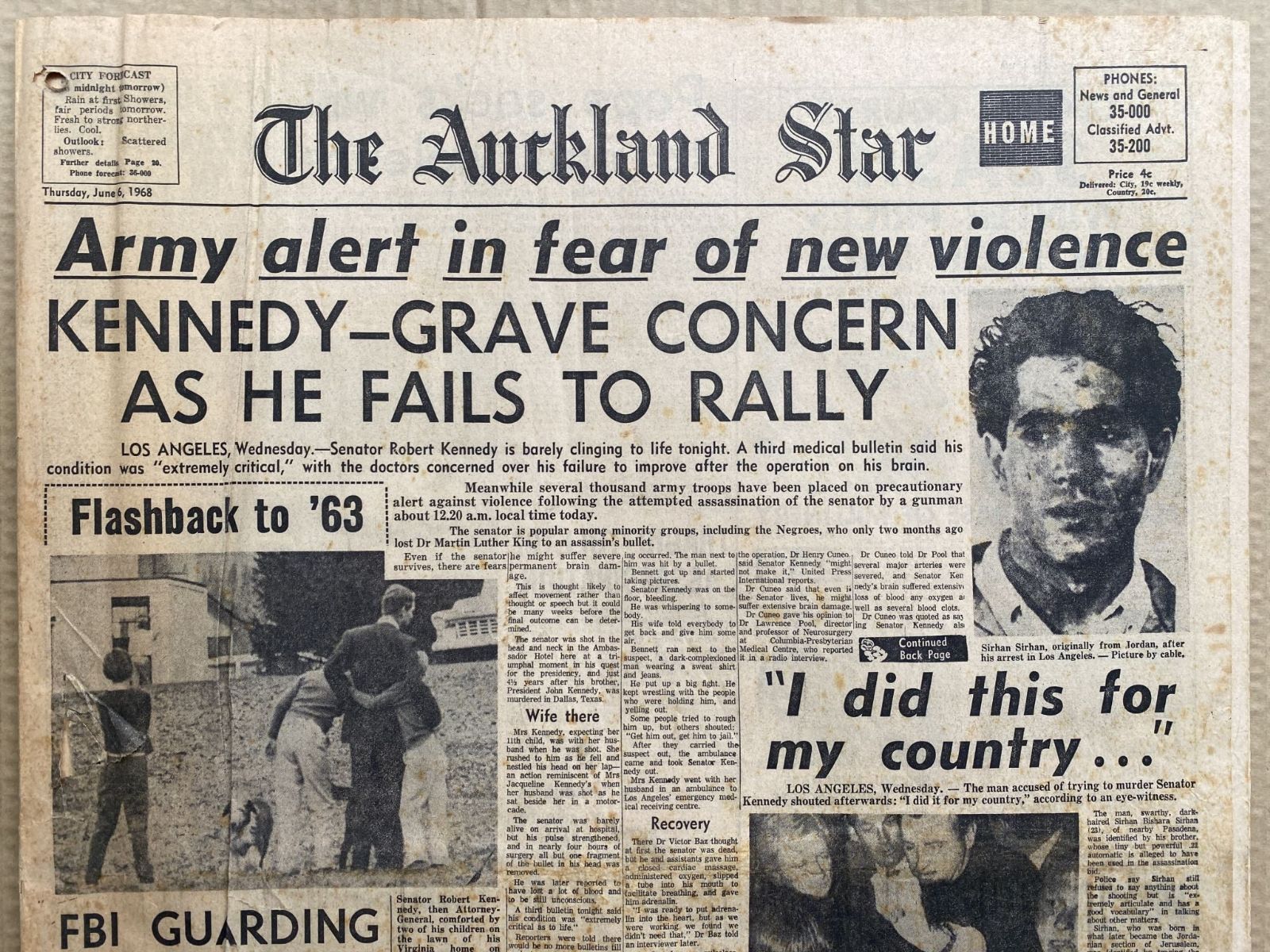 OLD NEWSPAPER: The Auckland Star, 6 June 1968 - Robert Kennedy Assassination