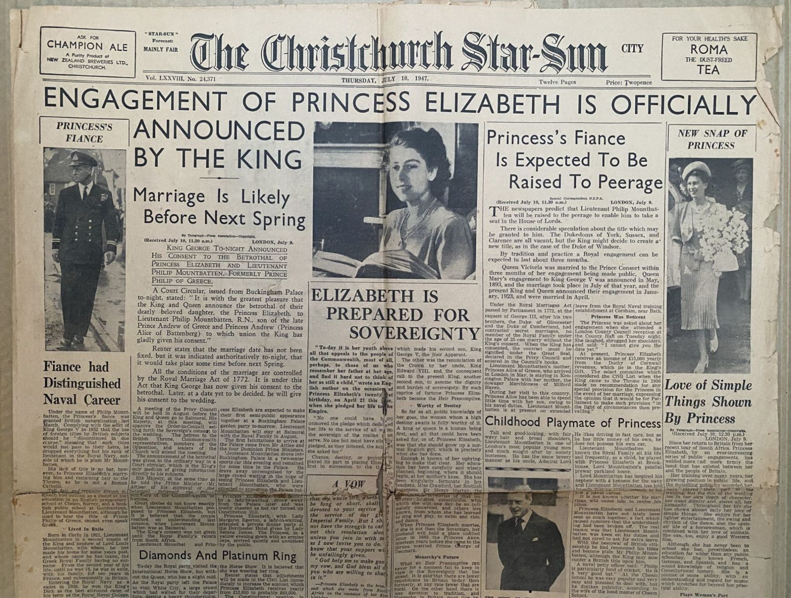 OLD NEWSPAPER: Christchurch Star-Sun, 10 July 1947 - Princess Elizabeth engaged