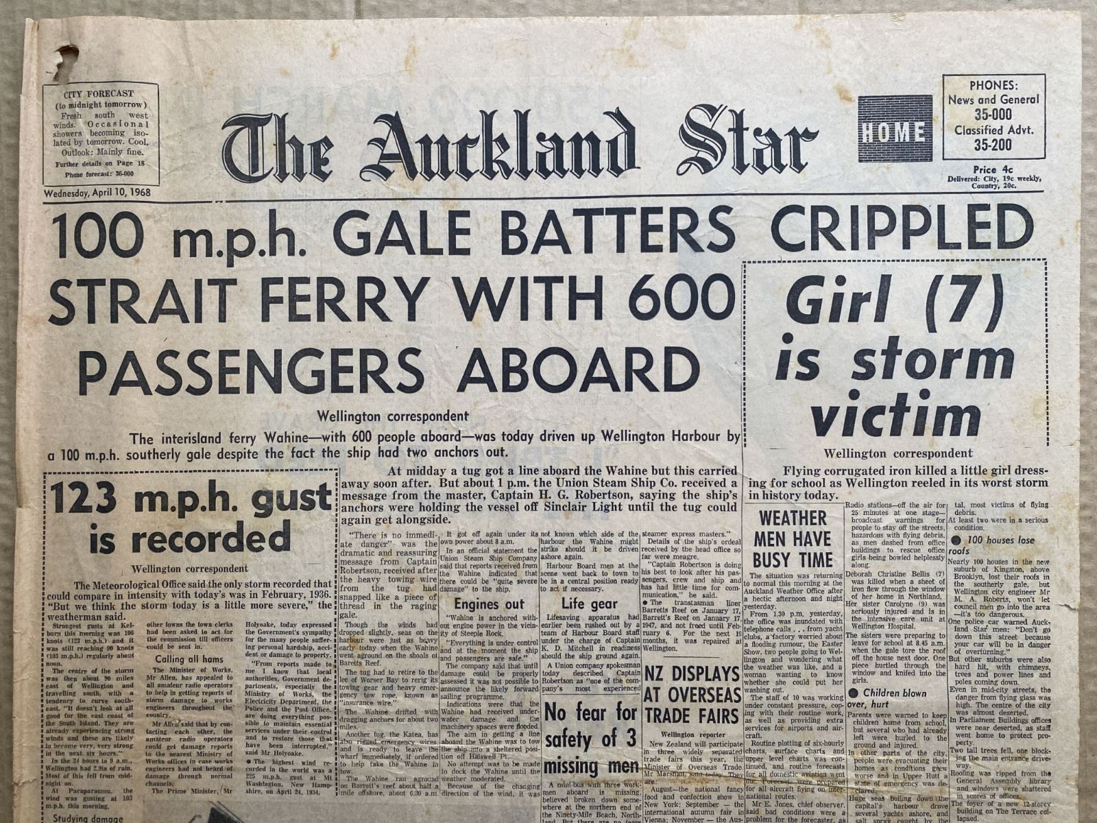 OLD NEWSPAPER: The Auckland Star, 10 April 1968 - Wahine disaster