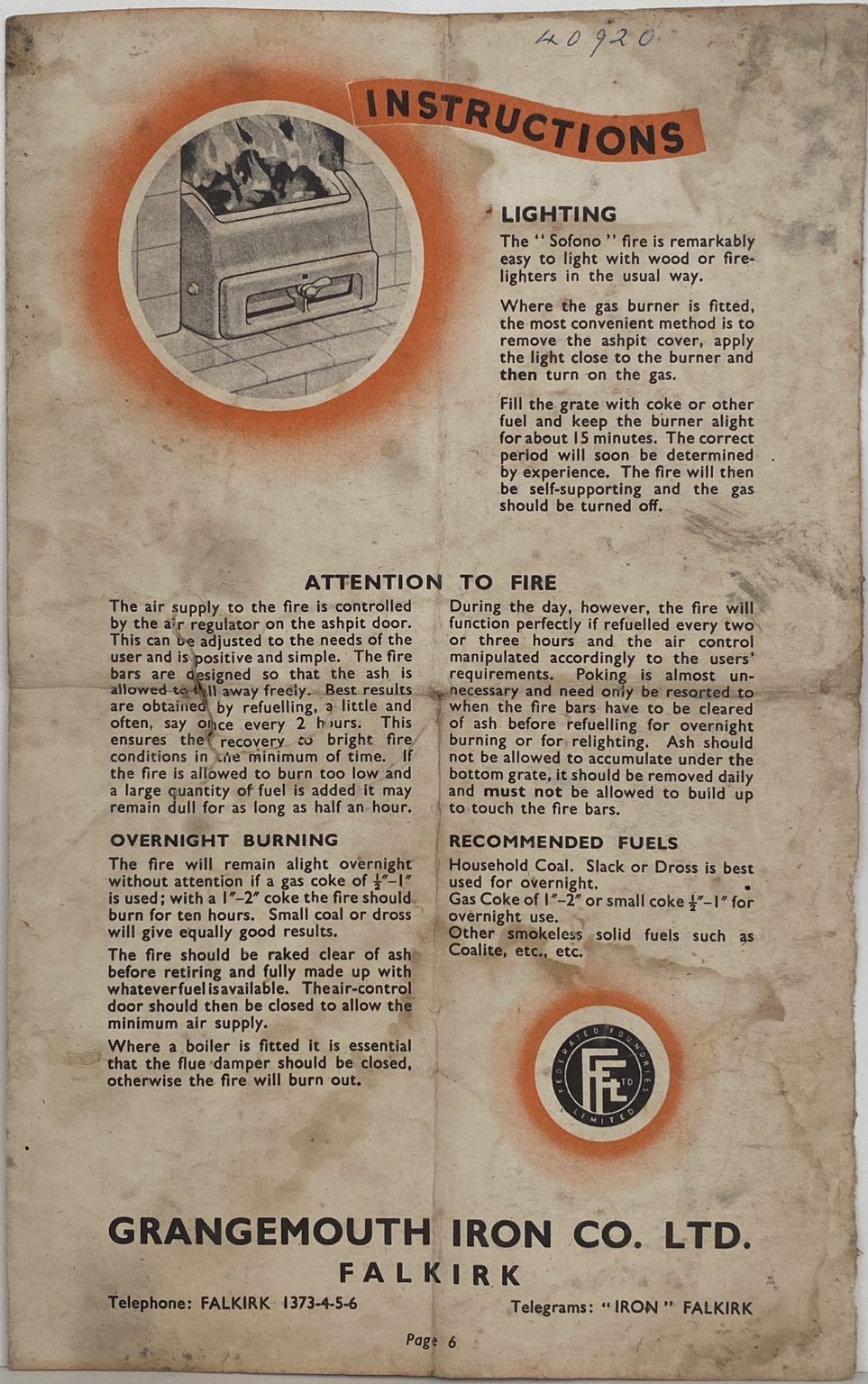 OLD INSTRUCTION MANUAL: for Sofono Fire / Grangemouth Iron Co circa 1950s