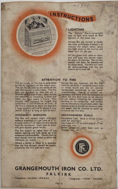 OLD INSTRUCTION MANUAL: for Sofono Fire / Grangemouth Iron Co circa 1950s 