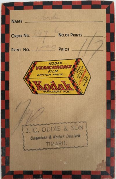 OLD PHOTO / NEGATIVE WALLET: Kodak Film - J.C. Oddie & Son, Timaru 1940s 
