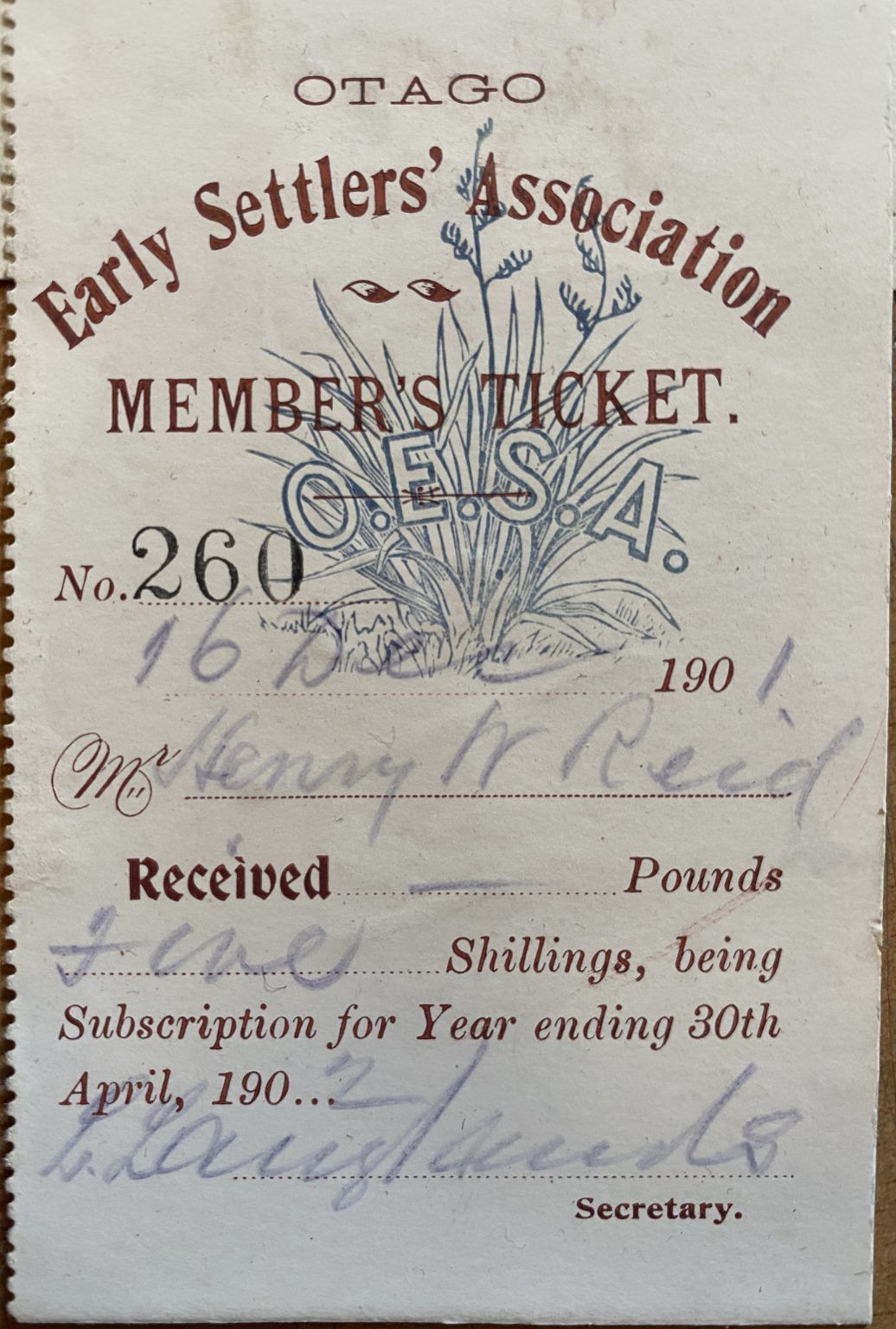 ANTIQUE TICKET: Otago Early Settlers Association 1901