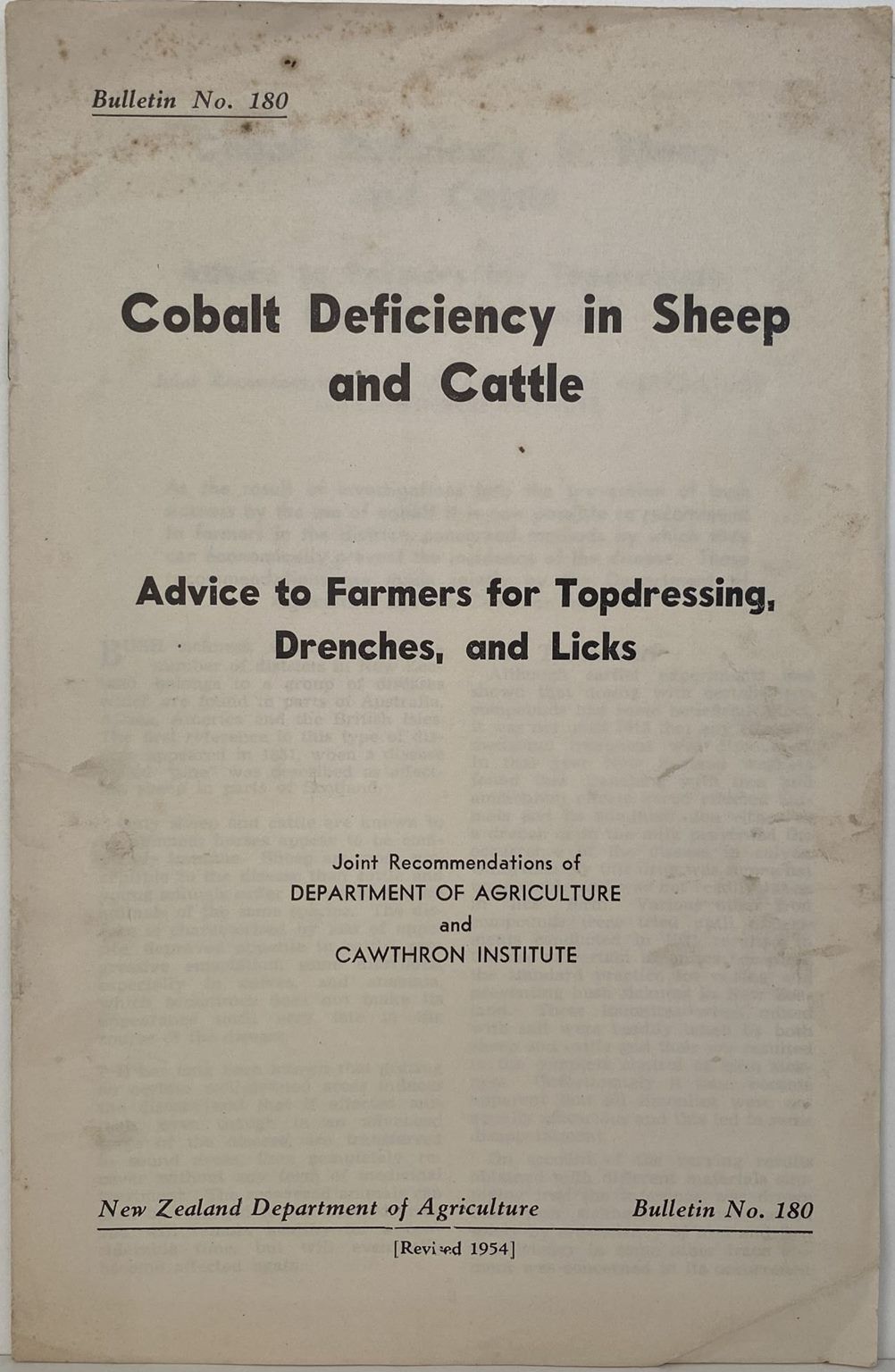 COBALT DEFICIENCY IN SHEEP: Advice to Farmers: Bulletin No. 180