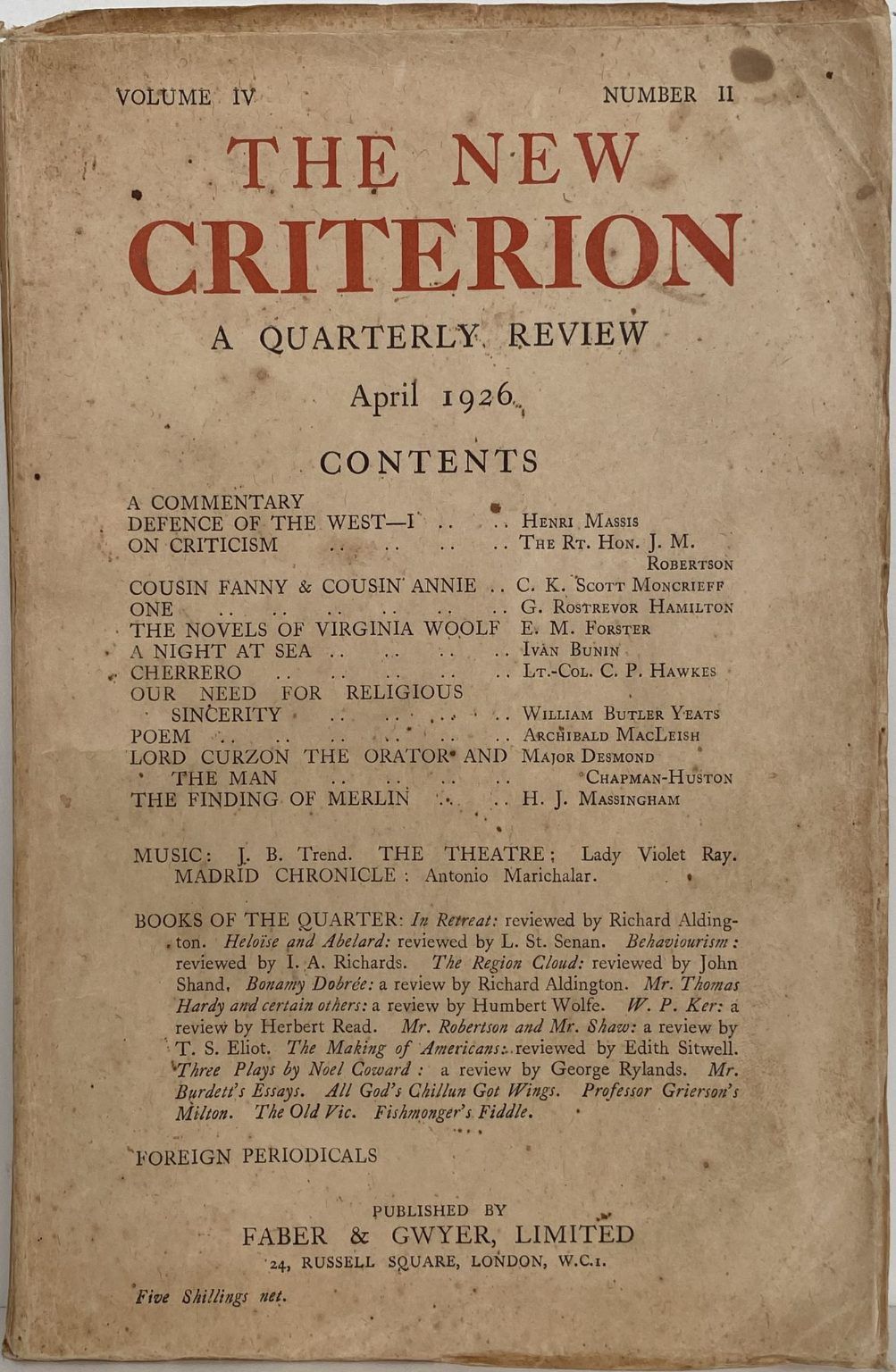 THE NEW CRITERION: A Quarterly Review - Vol. IV, No. I, January 1926