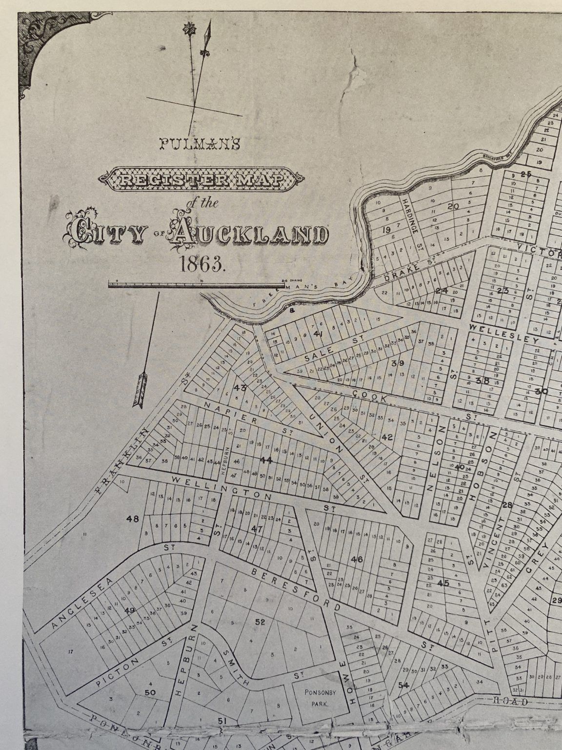 VINTAGE MAP: Pulman's Register Map of the City of Auckland 1863