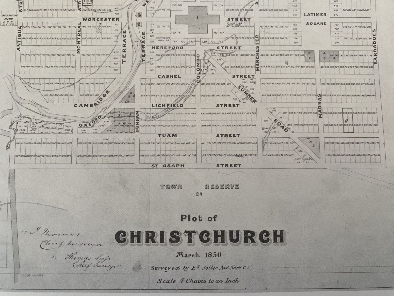 VINTAGE MAP: Plot of Christchurch 1850