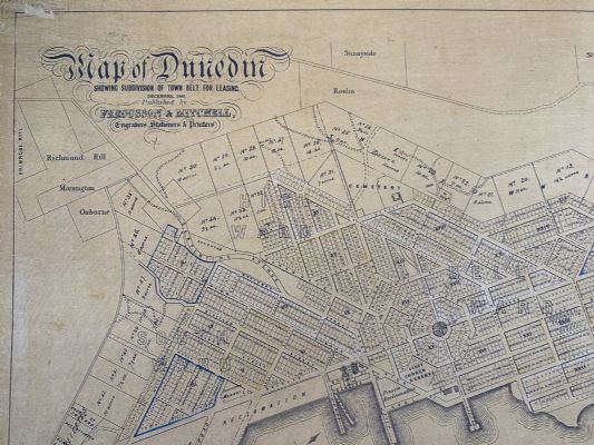 VINTAGE MAP: Dunedin - showing subdivision of town belt for leasing 1866
