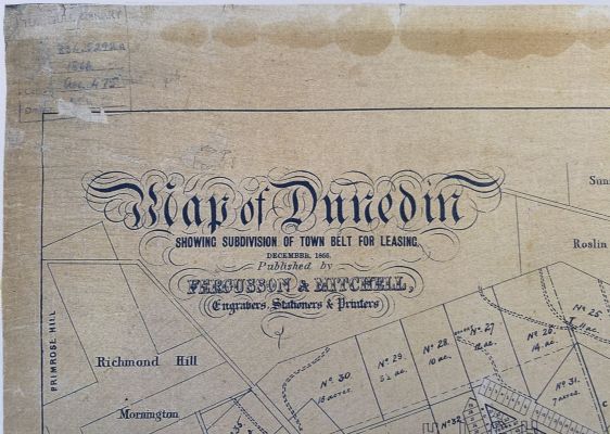 VINTAGE MAP: Dunedin - showing subdivision of town belt for leasing 1866