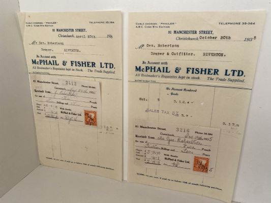 OLD INVOICES / RECEIPTS: McPhail & Fisher Ltd - Clothing Manufacturers of Christchurch 1935