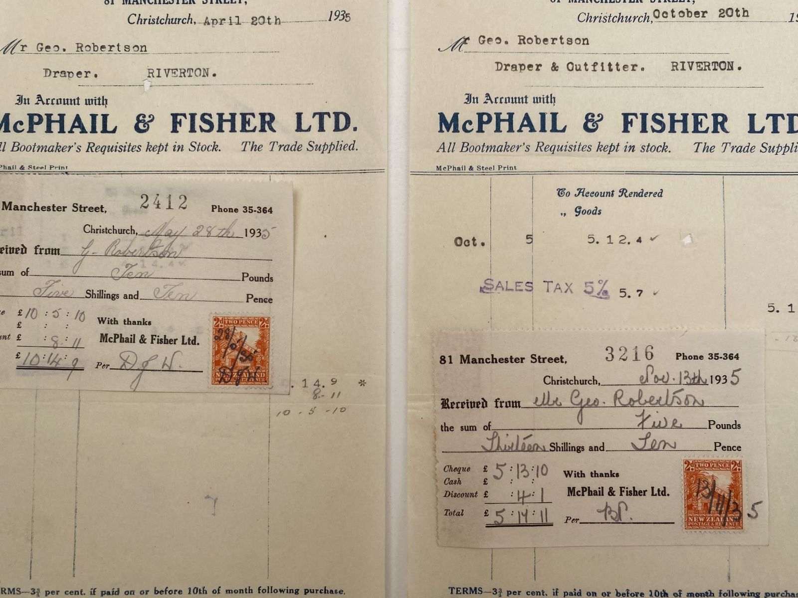 OLD INVOICES / RECEIPTS: McPhail & Fisher Ltd - Clothing Manufacturers of Christchurch 1935