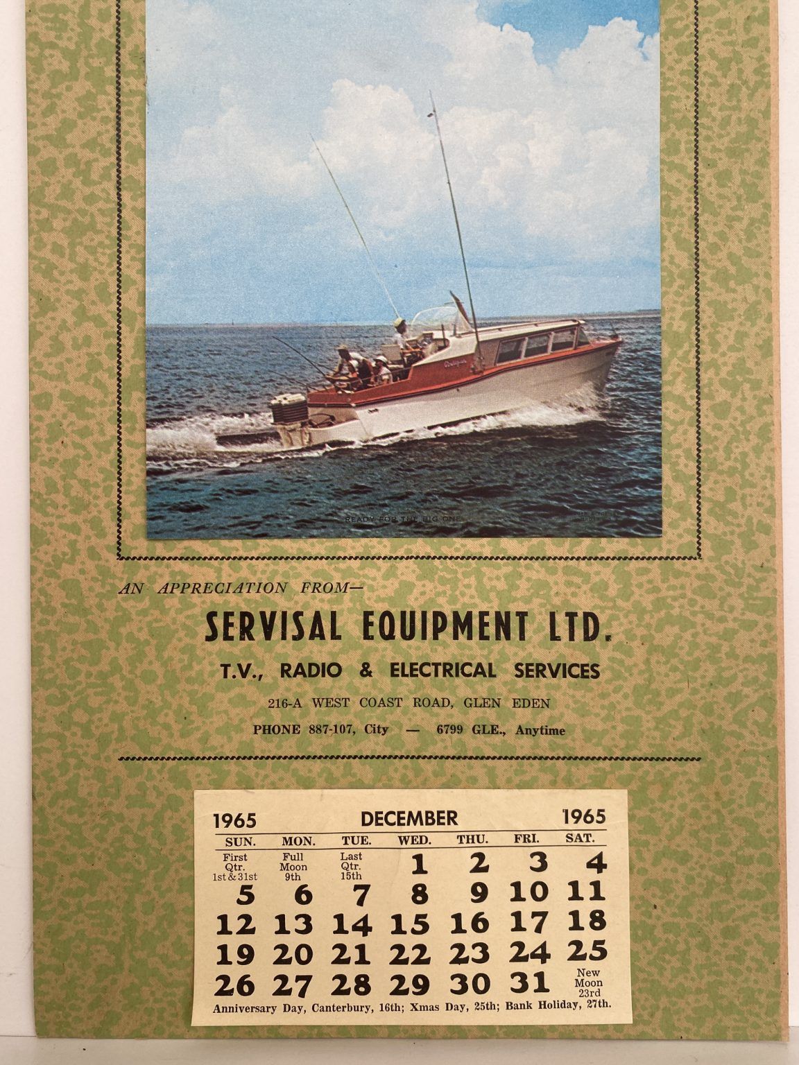 VINTAGE CALENDAR: Servisal Equipment Ltd, Auckland 1965