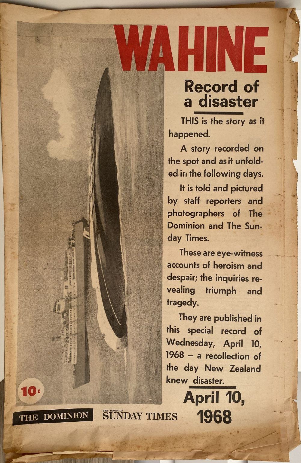 OLD NEWSPAPER: The Dominion Sunday Times 10 April 1968 - Wahine Disaster