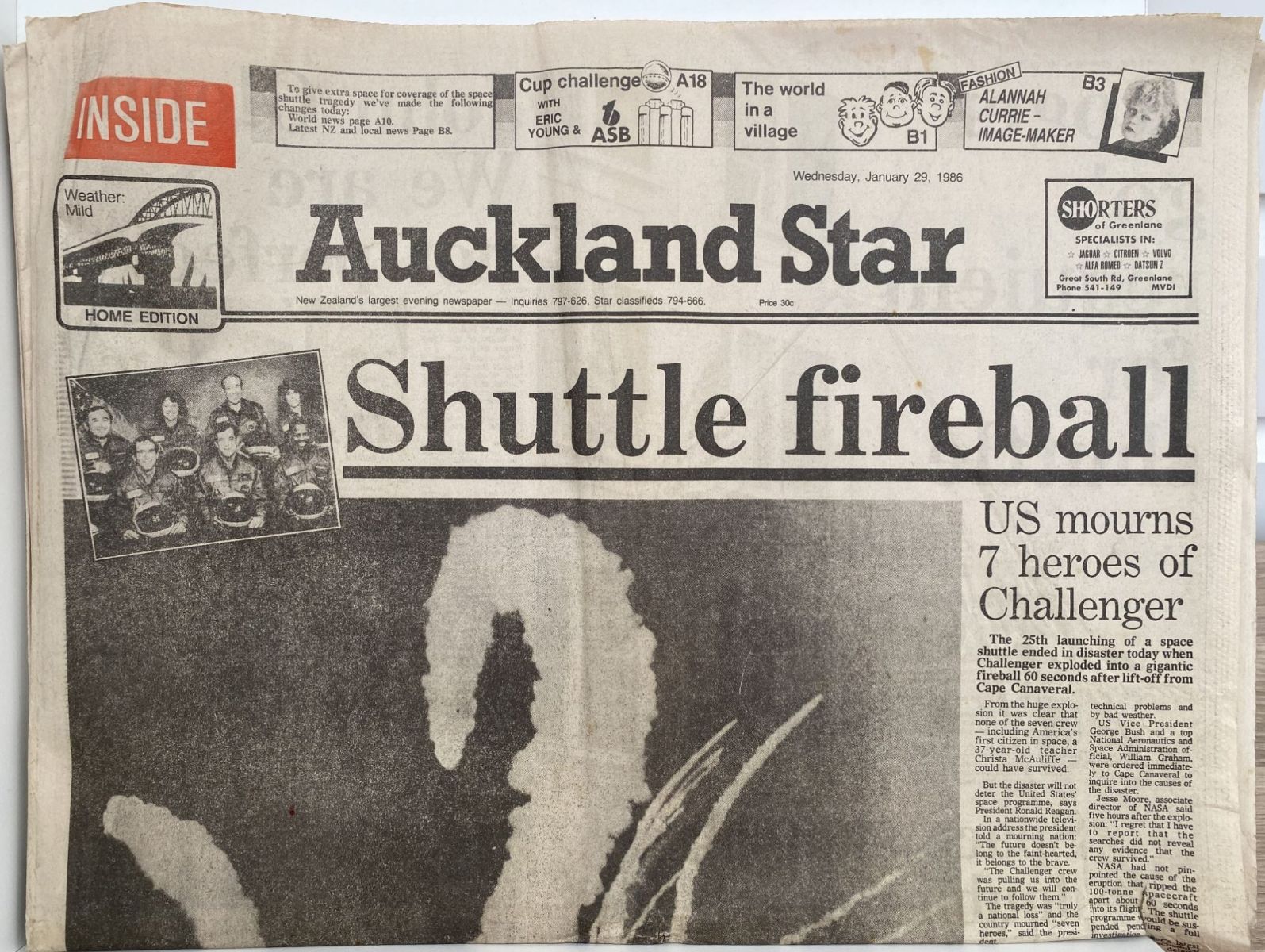 OLD NEWSPAPER: Auckland Star, 29 January 1986 - Space Shuttle Challenger