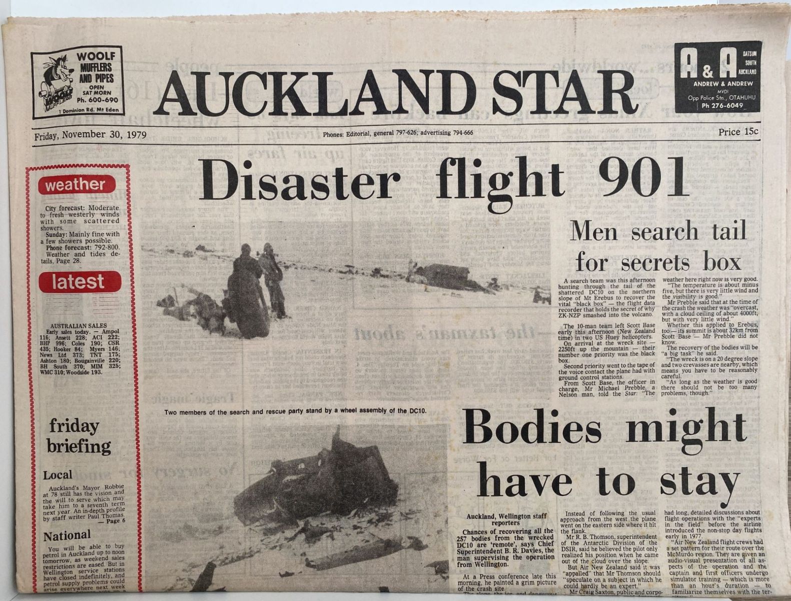 OLD NEWSPAPER: Auckland Star, 30 November 1979 - Erebus DC10 air disaster