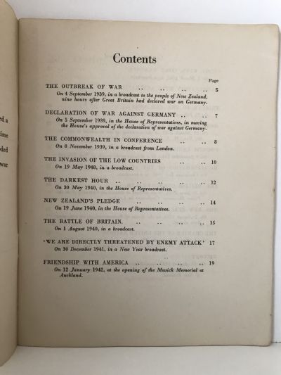 IN TIME OF WAR: Selections From the Wartime Addresses of The Rt. Hon. P. Fraser