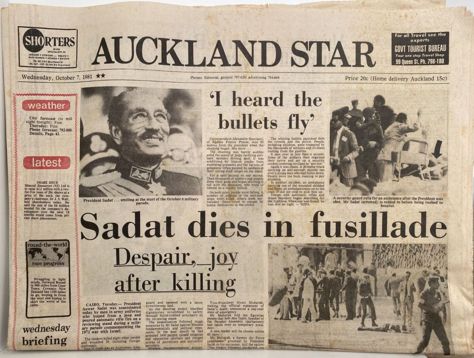 OLD NEWSPAPER: The Auckland Star, 7th October 1981 - Anwar Sadat assassinated