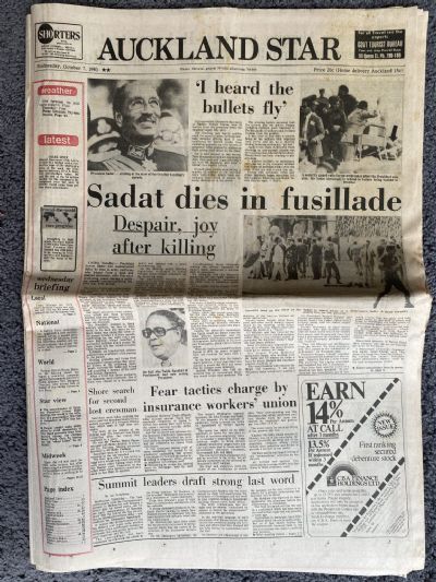 OLD NEWSPAPER: The Auckland Star, 7th October 1981 - Anwar Sadat assassinated