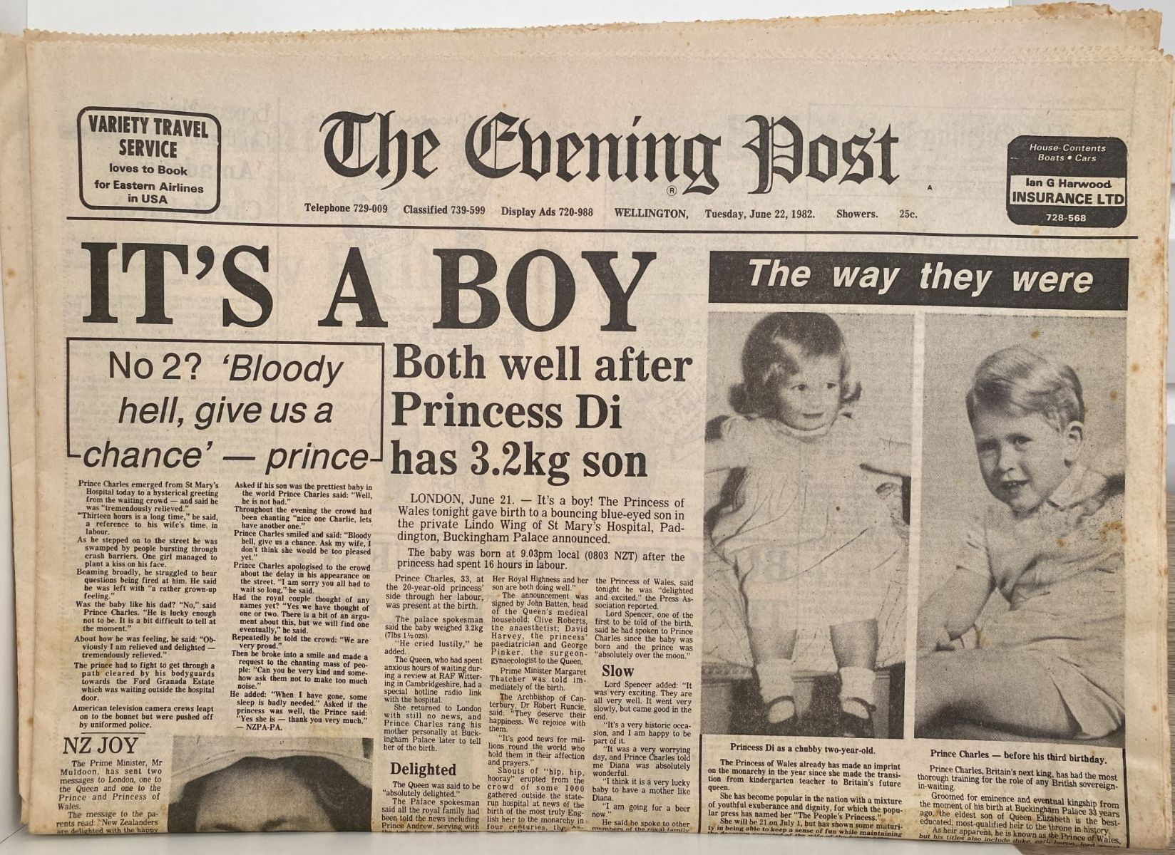 OLD NEWSPAPER: The Evening Post, 22nd June 1982 - Prince William born