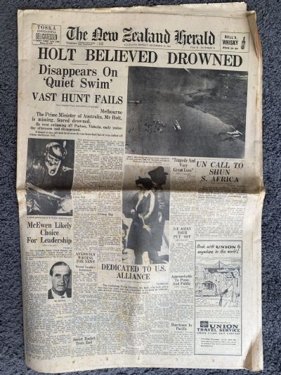 OLD NEWSPAPER: The New Zealand Herald, 18th December 1967 - Australian PM death