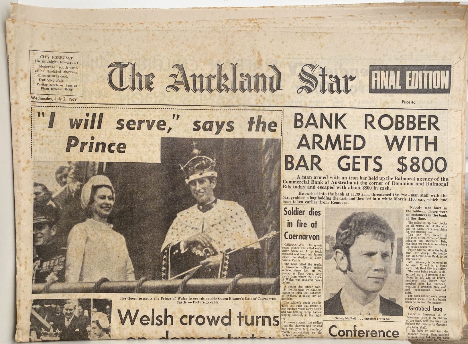 OLD NEWSPAPER: The Auckland Star, 2nd July 1969 - Prince of Wales crowned
