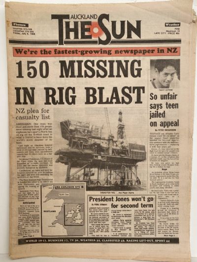 OLD NEWSPAPER: The Auckland Sun, 8th July 1988 - Piper Alpha Rig blast