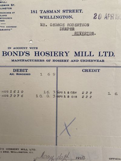 VINTAGE INVOICE / RECEIPT: Bond’s Hosiery Mill Ltd, Wellington - Hosiery 1934 