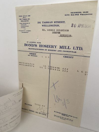 VINTAGE INVOICE / RECEIPT: Bond’s Hosiery Mill Ltd, Wellington - Hosiery 1934