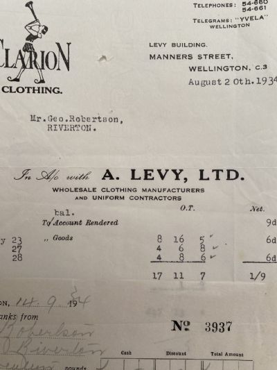 VINTAGE INVOICE / RECEIPT: A. Levy, Ltd. Wellington – Wholesale Clothing 1934 