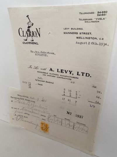VINTAGE INVOICE / RECEIPT: A. Levy, Ltd. Wellington – Wholesale Clothing 1934
