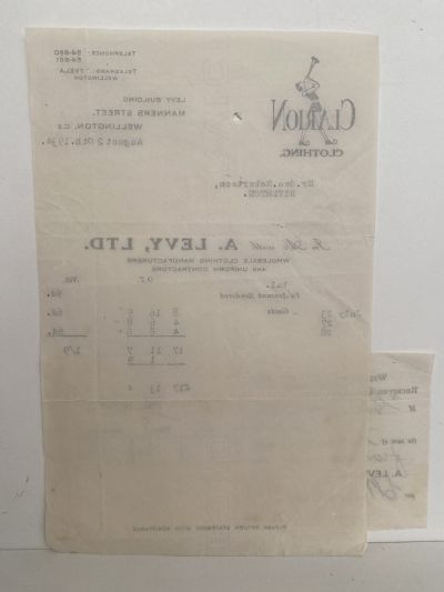 VINTAGE INVOICE / RECEIPT: A. Levy, Ltd. Wellington – Wholesale Clothing 1934