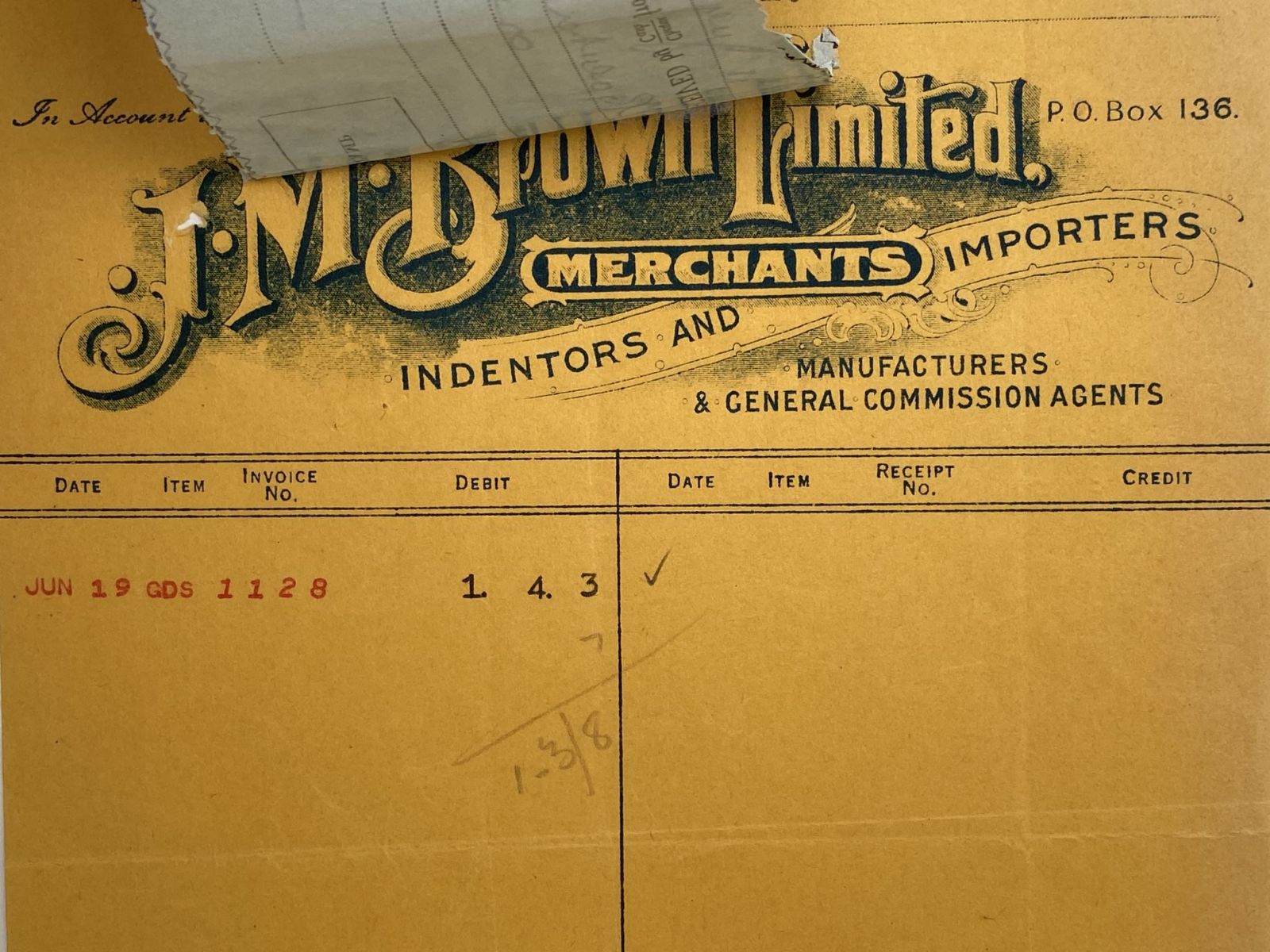 VINTAGE INVOICE / RECEIPT: J. M. Brown Ltd. Invercargill – Merchants 1934