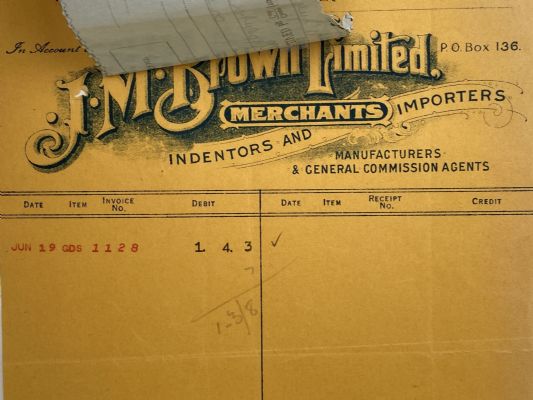 VINTAGE INVOICE / RECEIPT: J. M. Brown Ltd. Invercargill – Merchants 1934 
