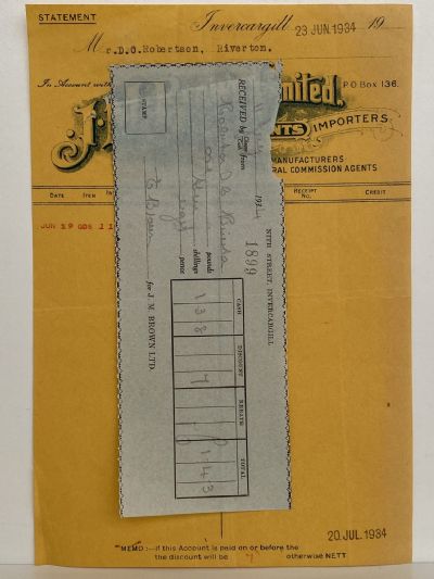 VINTAGE INVOICE / RECEIPT: J. M. Brown Ltd. Invercargill – Merchants 1934