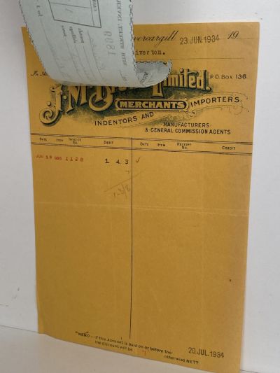 VINTAGE INVOICE / RECEIPT: J. M. Brown Ltd. Invercargill – Merchants 1934