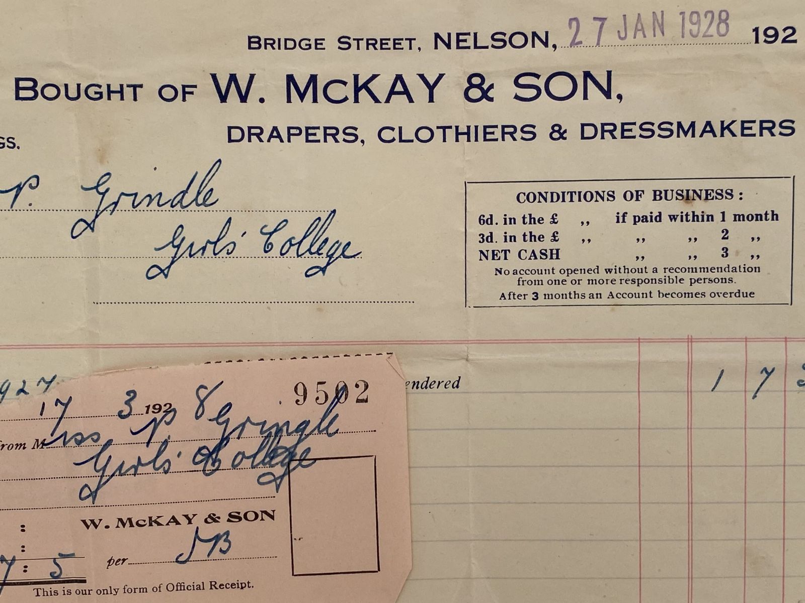 VINTAGE INVOICE / RECEIPT: W. McKay & Son, Nelson – Drapers & Clothiers 1928