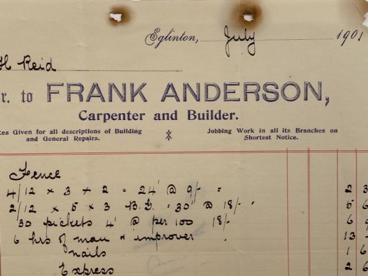 ANTIQUE INVOICE / RECEIPT: Frank Anderson, Eglinton – Carpenter and Builder 1901 