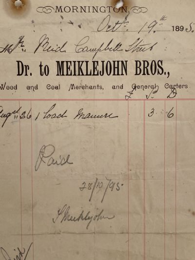 ANTIQUE INVOICE / RECEIPT: Meiklejohn Bros. – Wood & Coal Merchants 1895 