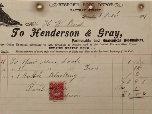 ANTIQUE INVOICE / RECEIPT: Henderson & Gray, Dunedin – Bootmakers 1901 