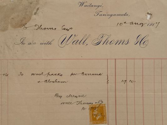 ANTIQUE INVOICE / RECEIPT: Wall, Thoms & Co. - Waitangi 1917 