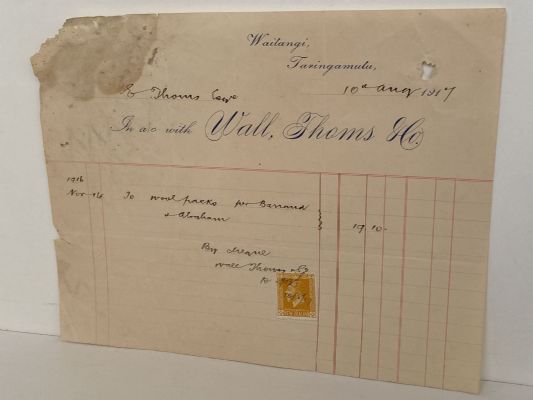 ANTIQUE INVOICE / RECEIPT: Wall, Thoms & Co. - Waitangi 1917
