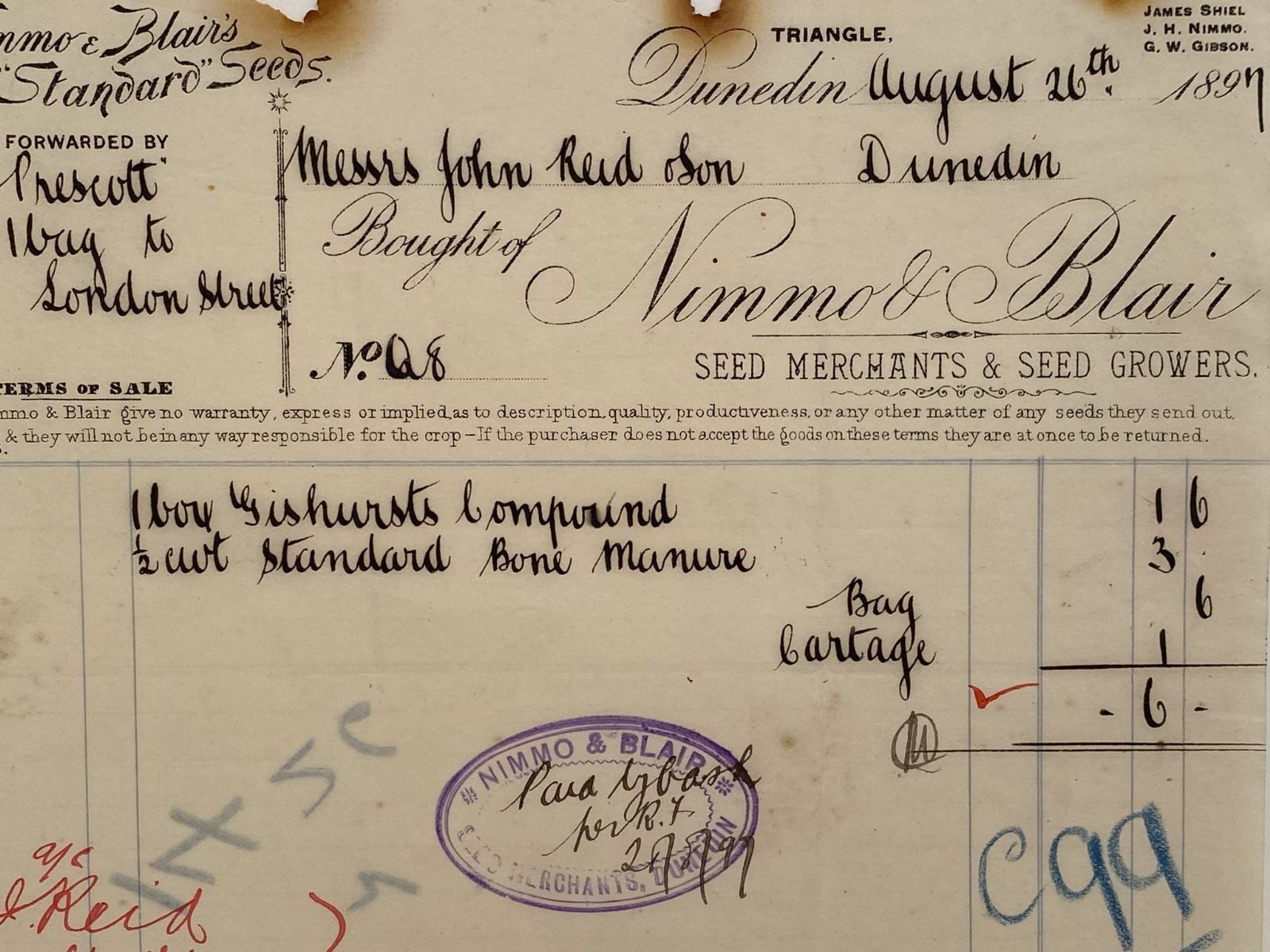 ANTIQUE INVOICE / RECEIPT: Nimmo & Blair, Dunedin – Seed Merchants & Growers