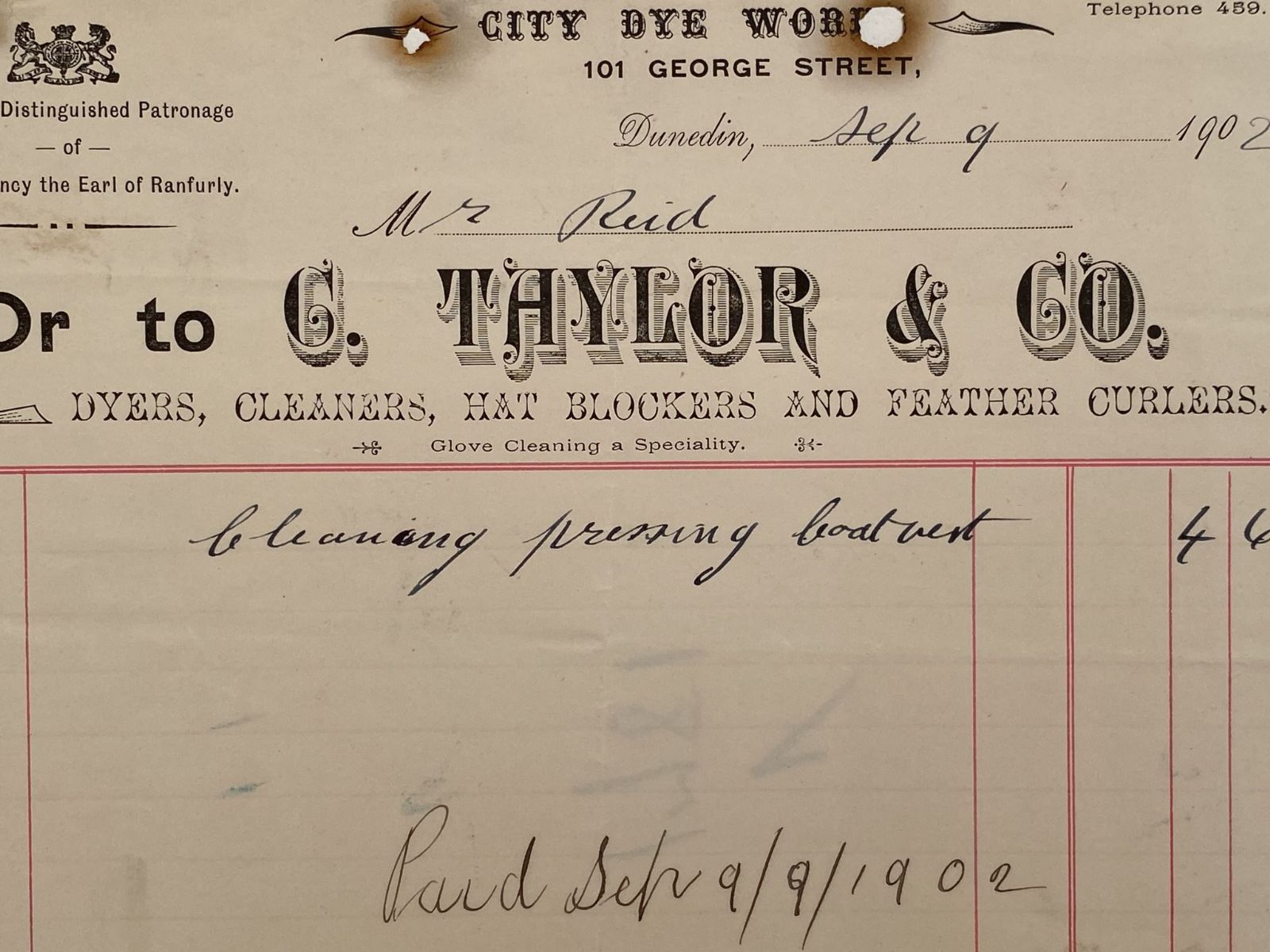 ANTIQUE INVOICE / RECEIPT: C. Taylor & Co. Dunedin – Dyers, Cleaners 1902