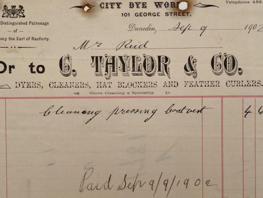 ANTIQUE INVOICE / RECEIPT: C. Taylor & Co. Dunedin – Dyers, Cleaners 1902 