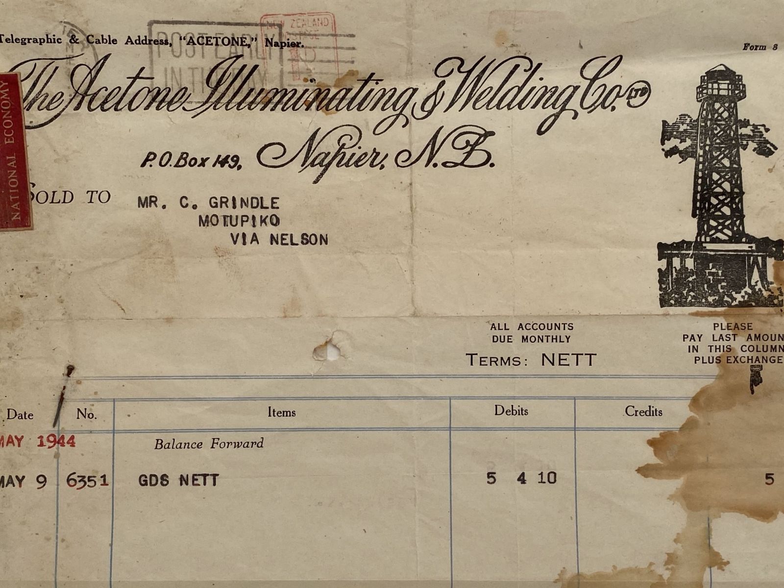 VINTAGE INVOICE / RECEIPT: The Acetone Illuminating & Welding Co. Napier 1944