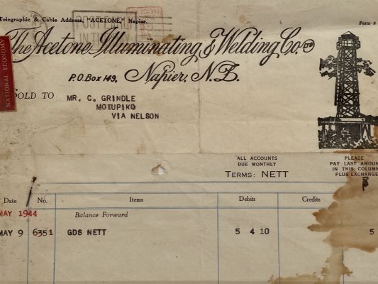 VINTAGE INVOICE / RECEIPT: The Acetone Illuminating & Welding Co. Napier 1944 
