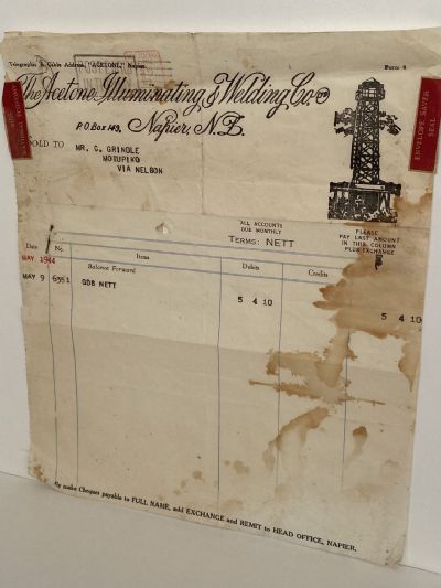 VINTAGE INVOICE / RECEIPT: The Acetone Illuminating & Welding Co. Napier 1944